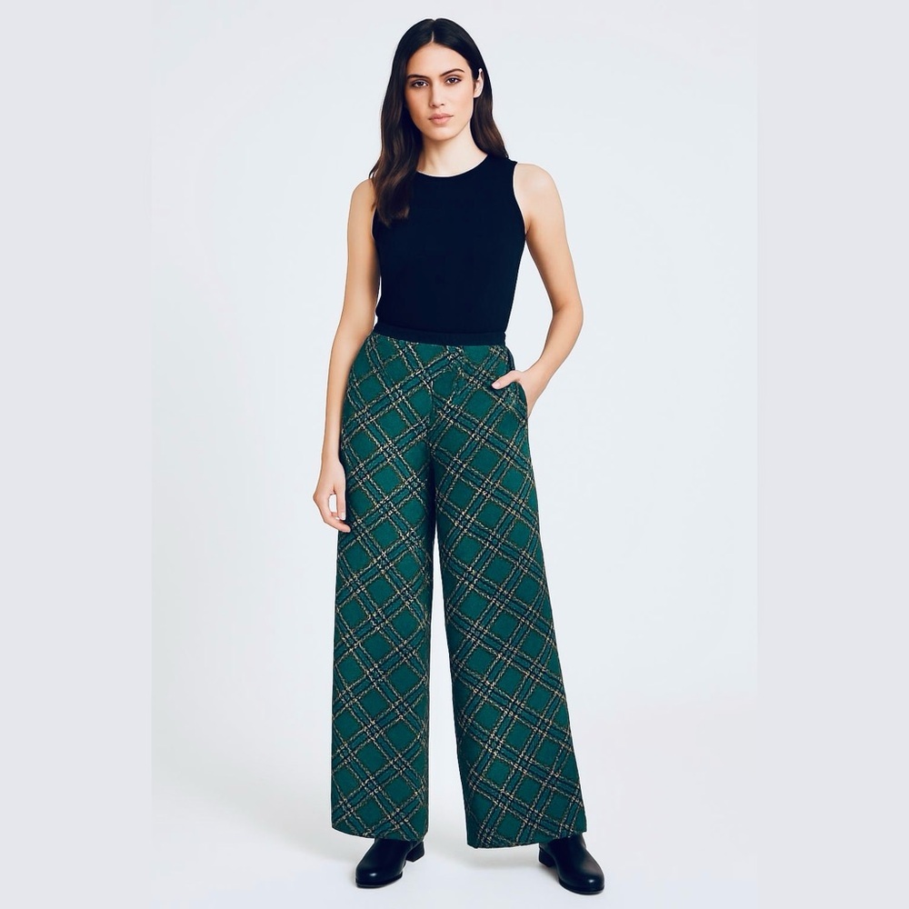 SONIA Rykiel Paris Green Tartan High Waist Wide Leg Trousers Size S ( 28 Waist)